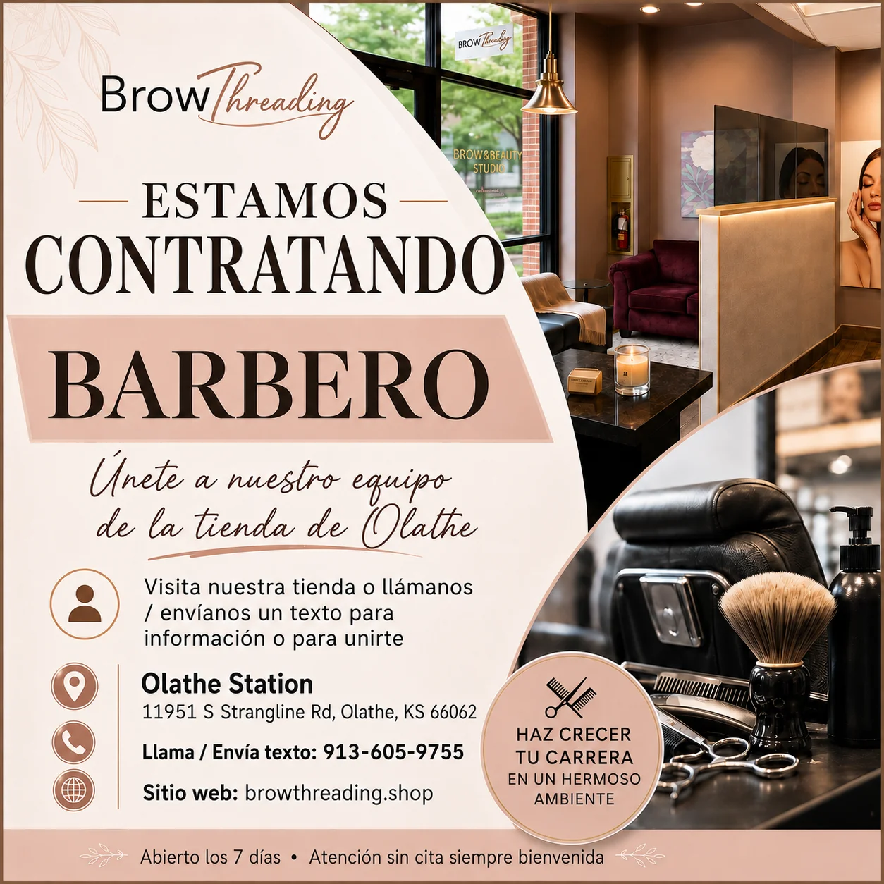 Estamos Contratando Barbero — Brow Threading está contratando en Olathe Station. Llama/envía texto: 913-605-9755